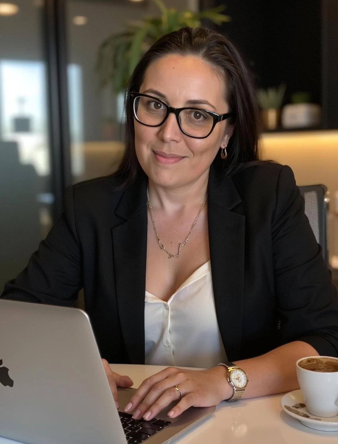 Portrait of Desiree Pelletier, REALTOR®, smiling at her laptop