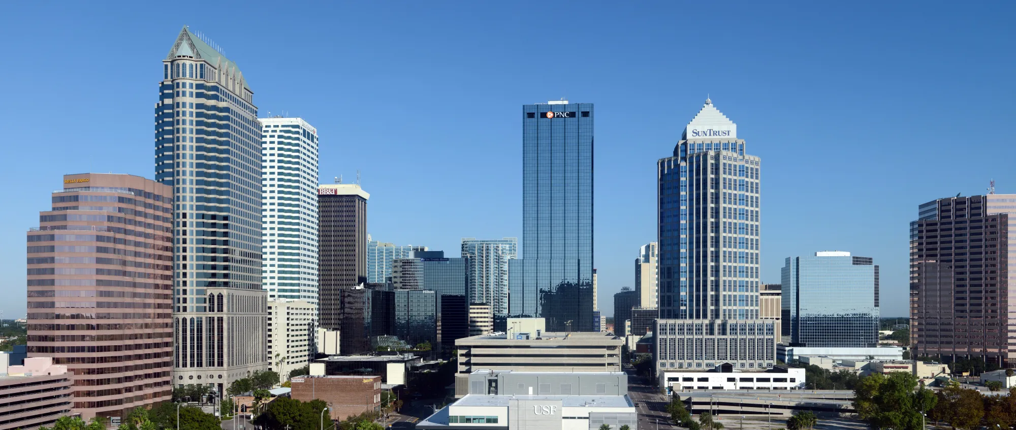 The downtown Tampa skyline under a clear blue sky
